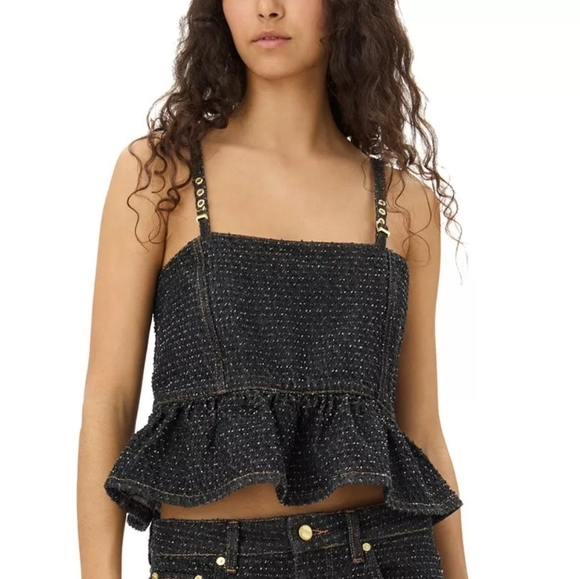 Ganni Tops - GANNI Fluffy Denim Strap Women's Black Tweed Peplum Top